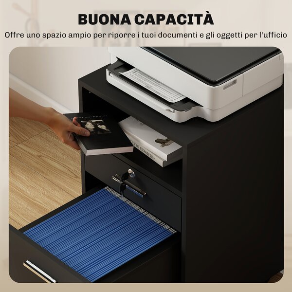 Vinsetto Cassettiera da Ufficio Portadocumenti in Legno con 2 Cassetti e Ripiano Aperto, 39x40x65 cm, Nero | Aosom Italy