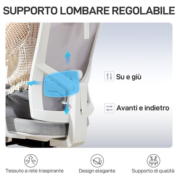 HOMCOM Sedia da Ufficio Ergonomica e Traspirante con Supporto Lombare Dinamico 4D, 64.5x62.5x112-122 cm, Grigio | Aosom Italy
