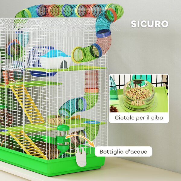 PawHut Gabbia per Criceti a 5 Piani con Tubi Colorati, Ruota, Casetta e Accessori, 47x30x59 cm, Verde | Aosom Italy