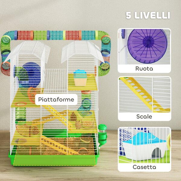 PawHut Gabbia per Criceti a 5 Piani con Tubi Colorati, Ruota, Casetta e Accessori, 47x30x59 cm, Verde | Aosom Italy