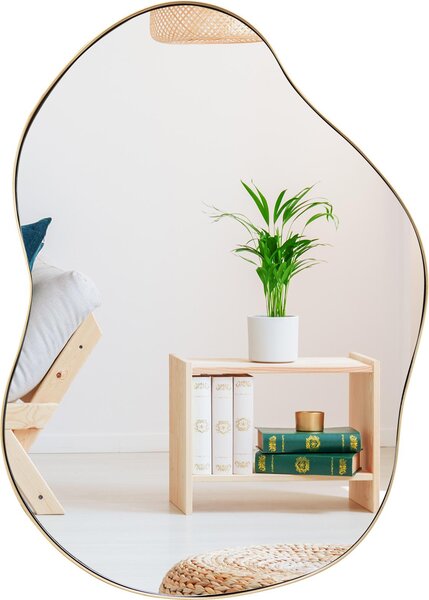 Specchio da parete dalla forma asimmetrica, moderno specchio da trucco con superficie riflettente ad alta definizione e cornice robusta, specchio decorativo con 2 opzioni di fissaggio, dorato