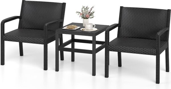 Set di mobili da giardino 3 pezzi, mobili da patio con 2 poltrone in rattan e tavolino quadrato, sedute ergonomiche in stile moderno, nero