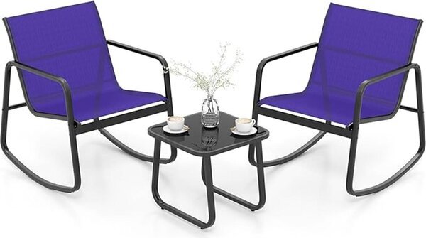 Set di 3 pezzi con tavolo e sedie, 2 comode sedie a dondolo e tavolino con piano in vetro, arredamento per interni ed esterni come balconi, blu scuro