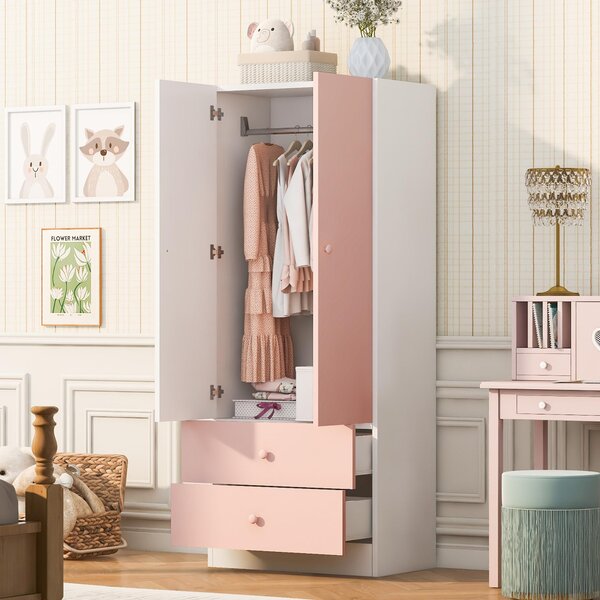 Armadio Merax con 2 cassetti e asta appendiabiti, armadio per bambini, design a blocchi di colore, mobile contenitore per camera da letto o cabina armadio, rosa
