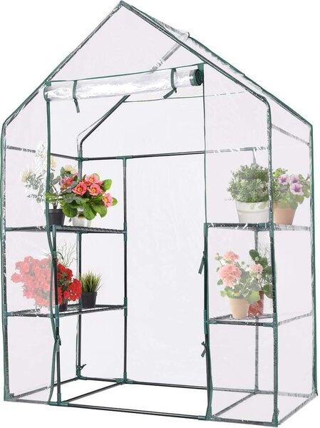 Serra, serra in plastica con 4 ripiani, serra con porta avvolgibile e telaio in ferro, serra per la coltivazione, serra per fiori, ortaggi e frutta (143x73x195 cm)