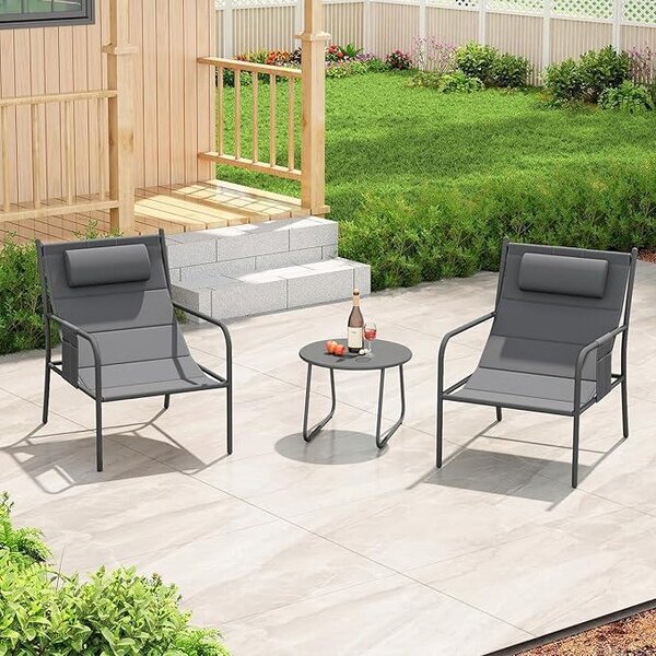 Set da terrazza in 3 pezzi, composto da sedie Sling con seduta imbottita e poggiatesta, tavolino rotondo con piano in metallo e tasche laterali, grigio