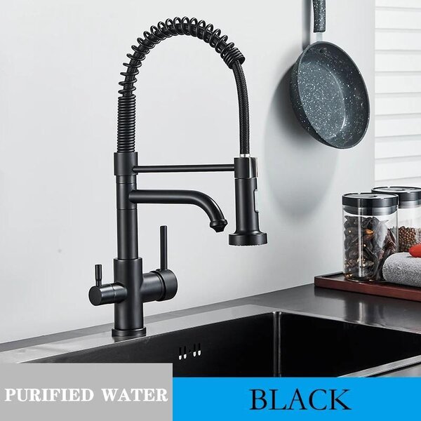 Miscelatore da cucina per acqua filtrata, con doccetta estraibile, girevole a 360°, con due maniglie, per acqua calda e fredda, da installare con un foro. Colore: nero