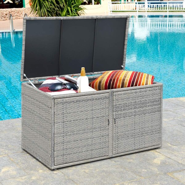 Contenitore da 330 litri con coperchio e doppia anta, contenitore da giardino in rattan con 2 ripiani, contenitore portaoggetti, contenitore per cuscini per giardino anteriore e cortile (grigio)