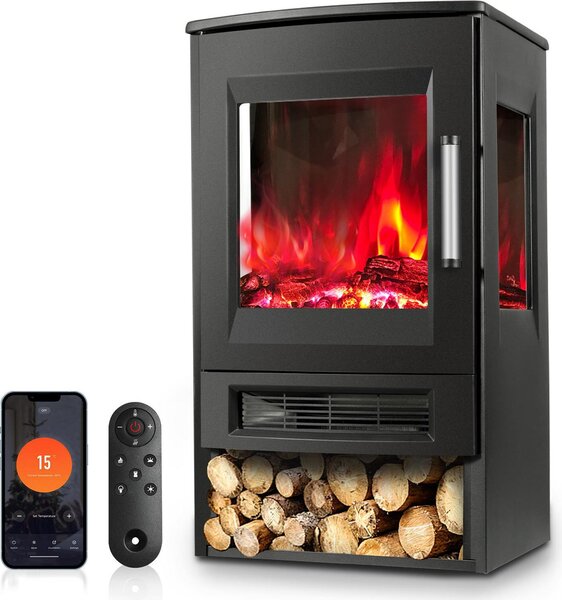 Camino elettrico Izrielar, 900W/1800W, modello da pavimento – nero. Stufa elettrica con effetto camino panoramico su tre lati – effetto fiamma LED