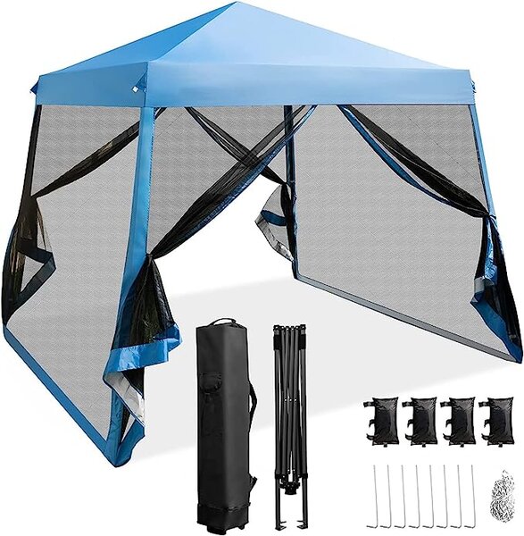 Gazebo pop-up 3 x 3 m con zanzariera e 3 livelli di regolazione in altezza, gazebo da giardino con struttura in metallo, pannelli laterali rimovibili e borsa per il trasporto, tenda per feste con protezione UV per festival e feste (blu)