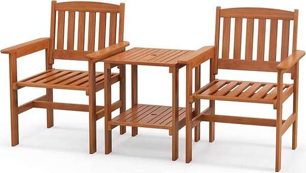 Set di mobili da giardino a 3 pezzi, set bistrot in legno con fori per ombrellone, schienale e braccioli, set di sedute con tavolino a 2 livelli, natura