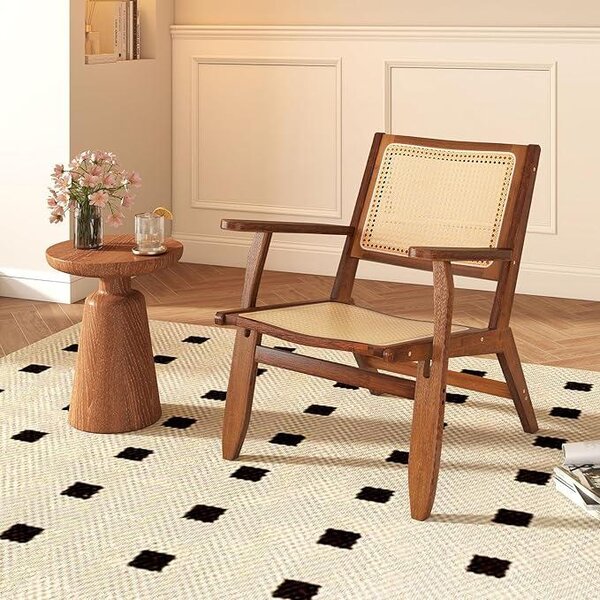 Sedia, sedia relax in bambù con schienale inclinato e braccioli, sedia in rattan intrecciato per camera da letto, soggiorno, portata 150 kg, noce