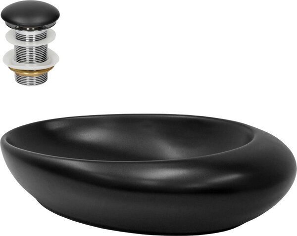 Lavabo LuxeBath Lavabo da appoggio ovale, 58,5x37,5x14,5 cm, nero, in Vetroceramica, incl. set di scarico senza troppopieno