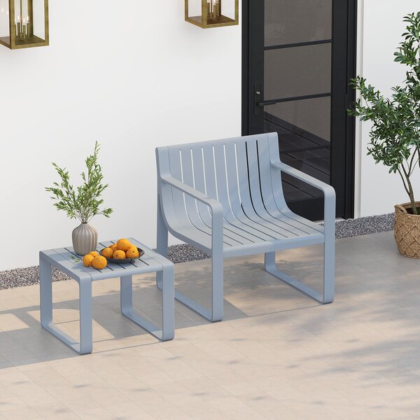 Set da giardino composto da 2 pezzi con sedia e tavolino, set composto da sedia a doghe e tavolo con braccioli, set da balcone