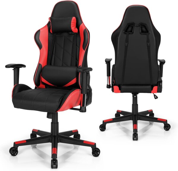 Sedia da gioco, sedia girevole con comfort regolabile, poggiatesta e lombare, comoda sedia per computer, materiale in cotone di alta qualità, portata 150 kg, 3 colori (rosso)