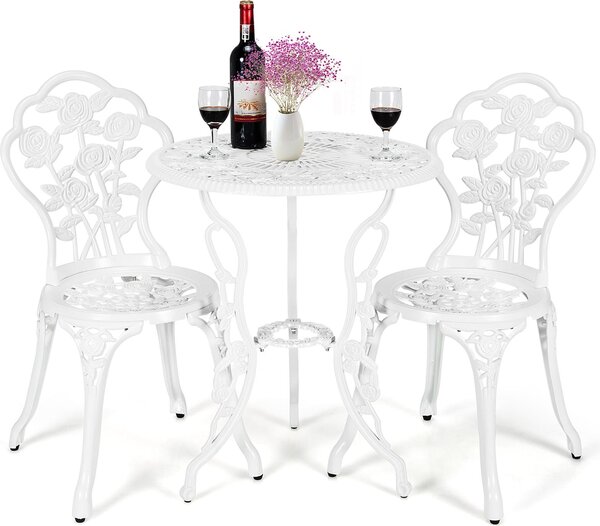 Set da bistrot in 3 pezzi, tavolo da bistrot con 2 sedie, alluminio, set da giardino e da balcone in stile antico, rotondo, set da giardino e da balcone, bianco