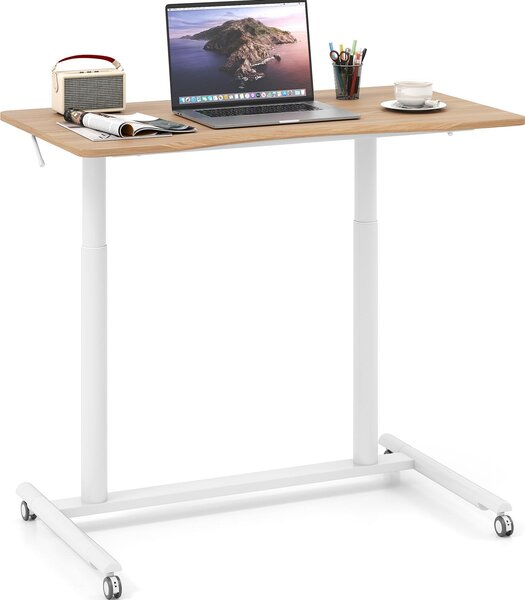 Scrivania mobile, scrivania regolabile in altezza con rotelle bloccabili e struttura in metallo, scrivania per computer portatili, natura