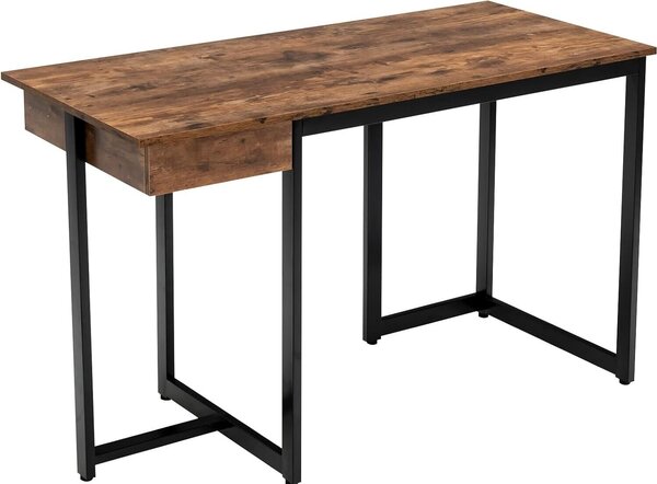 Scrivania con cassetto, 120×55 cm; scrivania per computer con struttura in metallo e poggiapiedi, scrivania da ufficio (stile industriale)