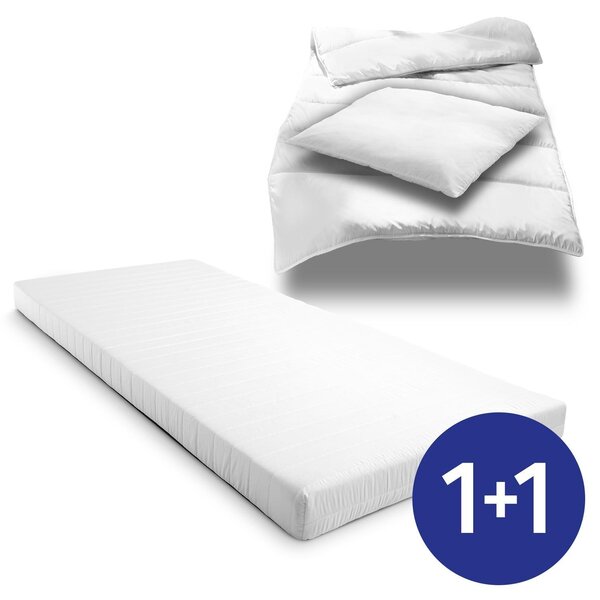 Materasso in schiuma comfort K10 90 x 200 cm, altezza 10 cm, grado di rigidità H3 + set da letto in microfibra CloudComfort Basic 135 x 200 cm + 80 x 80 cm