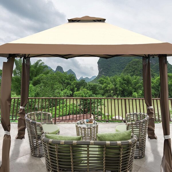 Gazebo da giardino 4 x 4 m con doppio tetto, regolabile in altezza da 266 a 283 cm, gazebo pieghevole con struttura in acciaio, impermeabile e con protezione solare, ideale per feste e picnic (marrone)
