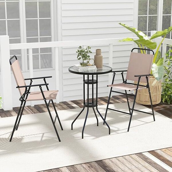 Set da giardino composto da 3 pezzi, tavolo da giardino con 2 sedie ergonomiche e pieghevoli, tavolo da bar rotondo con piano in vetro e foro per ombrellone da 4 cm, set da pranzo, beige