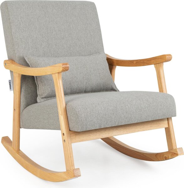 Sedia a dondolo imbottita, sedia a dondolo moderna con struttura in legno di gomma, schienale e seduta confortevoli, cuscino imbottito in PP, grigio