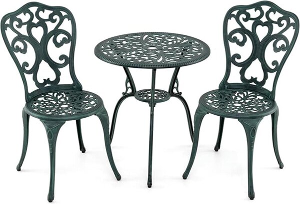 Set da bistrot in 3 pezzi, set da giardino in alluminio pressofuso resistente alle intemperie con fori per ombrellone, set di mobili da giardino, tavolo e 2 sedie, verde