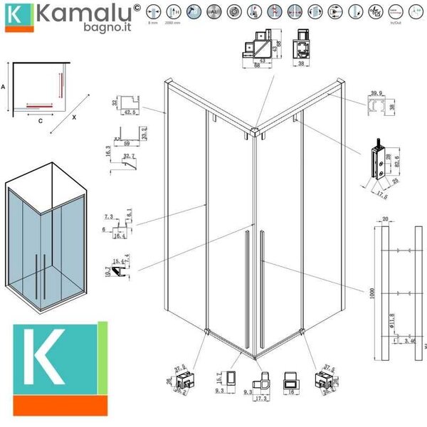 Kamalu box doccia 70x70 colore oro rosa doppio scorrevole vetro 8mm | ksa1000rg