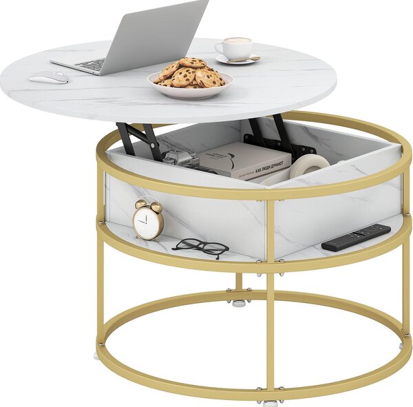 Tavolino, con piano in finto marmo e vano nascosto, 2 maniglie di sollevamento, struttura dorata, tavolino moderno, 80 x 80 x 49,5 cm, bianco + oro