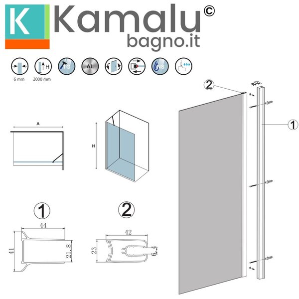 Kamalu doccia walk in 70 cm con staffa diagonale vetro trasparente | ks2800c