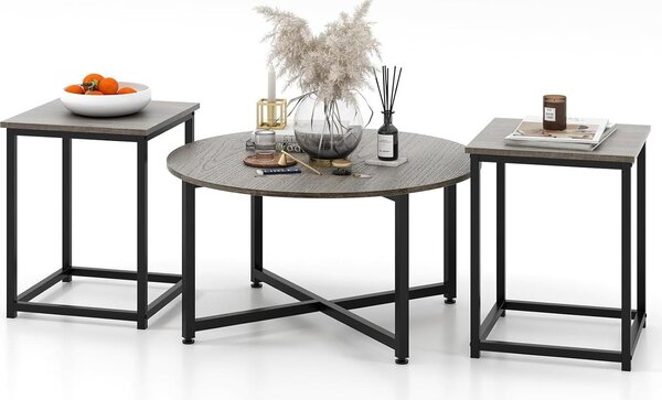 Set di 3 tavolini da salotto, tavolino con robusta struttura in ferro, set composto da 3 tavolini da divano, 1 tavolino rotondo e 2 tavolini quadrati, grigio