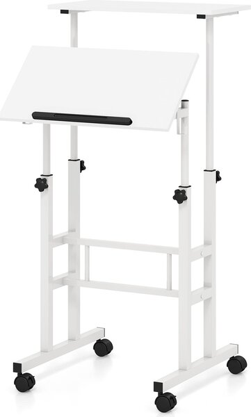 Scrivania mobile con 4 rotelle, scrivania regolabile in altezza con piano di lavoro inclinabile, ganci per appendere, tappo antigoccia e struttura in metallo, bianco