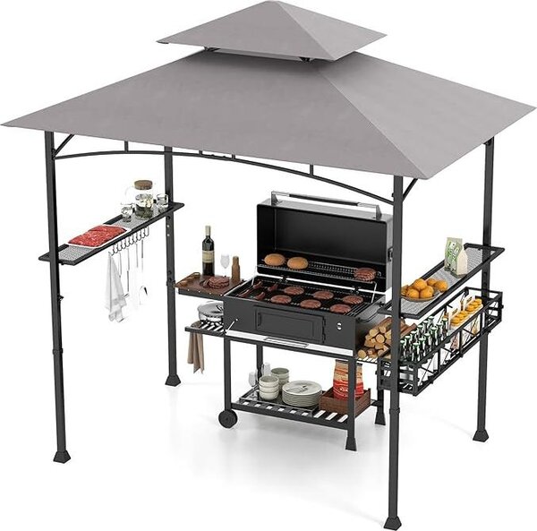 Gazebo per barbecue da 242 x 153 cm, doppio tetto con ganci, robusto telaio in metallo, ripiano e cestino, copertura per barbecue da esterno, gazebo da esterno