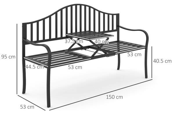 Outsunny Panchina da Giardino 2 Persone con Tavolino Estensibile Metallo 150 x 53 x 95 cm Nero|Aosom