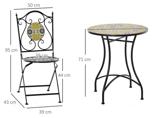 Outsunny Set Tavolo e Sedie da Giardino 3 Pezzi, Mobili da Esterno Pieghevoli in Metallo con Maioliche Colorate, Multicolore|Aosom