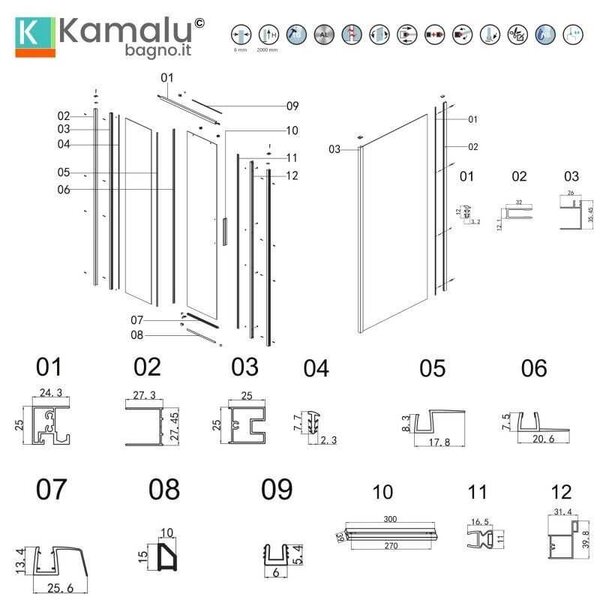Kamalu box doccia 3 lati 70x120x70 oro satinato anta scorrevole | kla-4000g