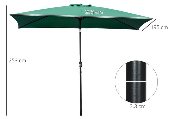 Outsunny Ombrellone Rettangolare 2x3 m Pieghevole e Regolabile con Manovella, in Alluminio e Poliestere, Verde e Nero