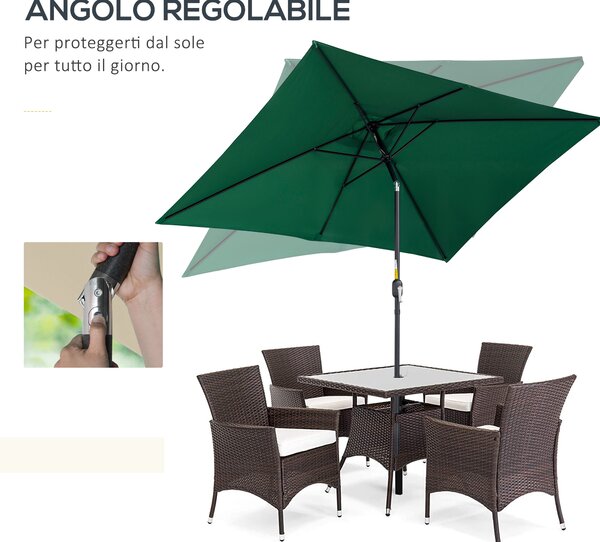 Outsunny Ombrellone Rettangolare 2x3 m Pieghevole e Regolabile con Manovella, in Alluminio e Poliestere, Verde e Nero