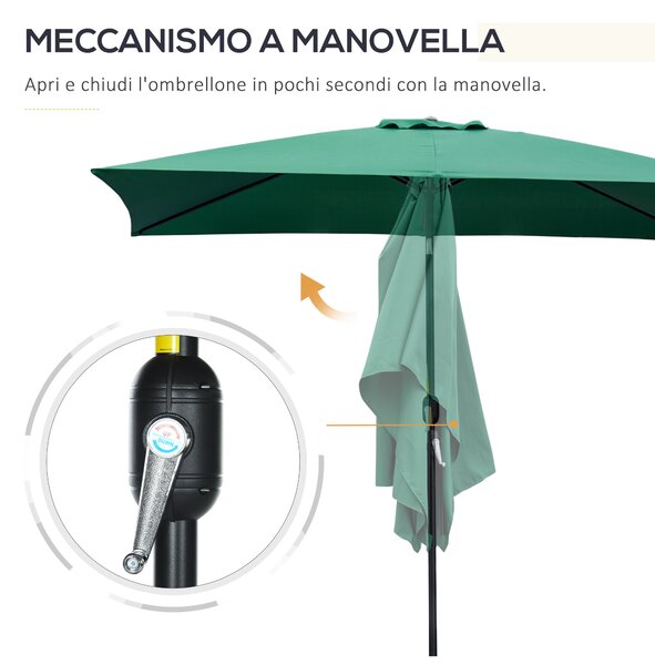 Outsunny Ombrellone Rettangolare 2x3 m Pieghevole e Regolabile con Manovella, in Alluminio e Poliestere, Verde e Nero