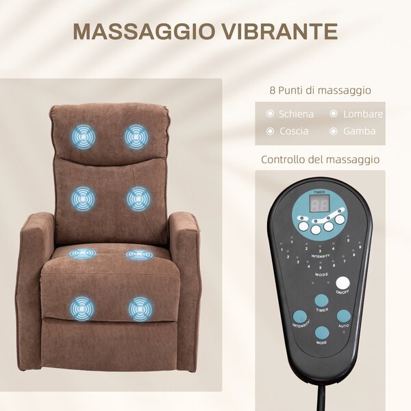 HOMCOM Poltrona Relax Alzapersona Reclinabile con 8 Punti Massaggio e poggiapiedi, Reclinazione a 135° e 2 Telecomandi, Marrone|Aosom Italy