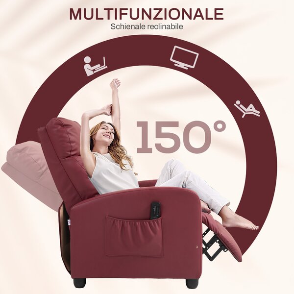 HOMCOM Poltrona Relax Massaggiante con Telecomando e 8 Programmi, Reclinazione e Poggiapiedi, Rosso