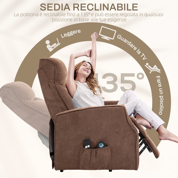 HOMCOM Poltrona Relax Alzapersona Reclinabile con 8 Punti Massaggio e poggiapiedi, Reclinazione a 135° e 2 Telecomandi, Marrone|Aosom Italy