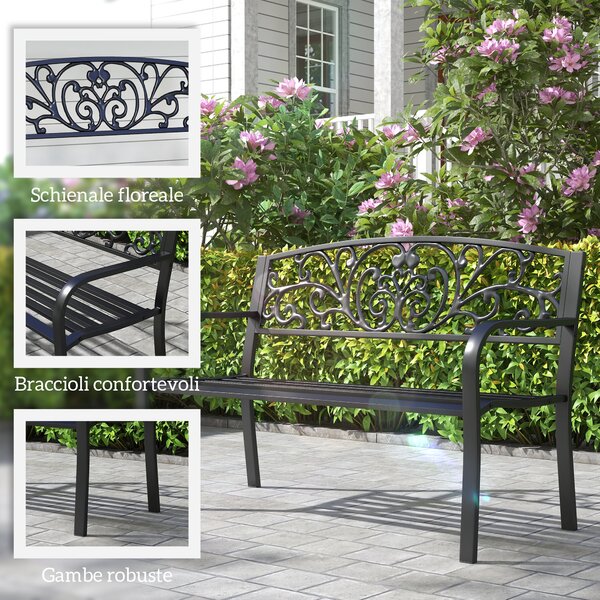 Outsunny Panchina da Giardino in Metallo con Schienale Decorato, 127x60x87cm - Nero|Aosom
