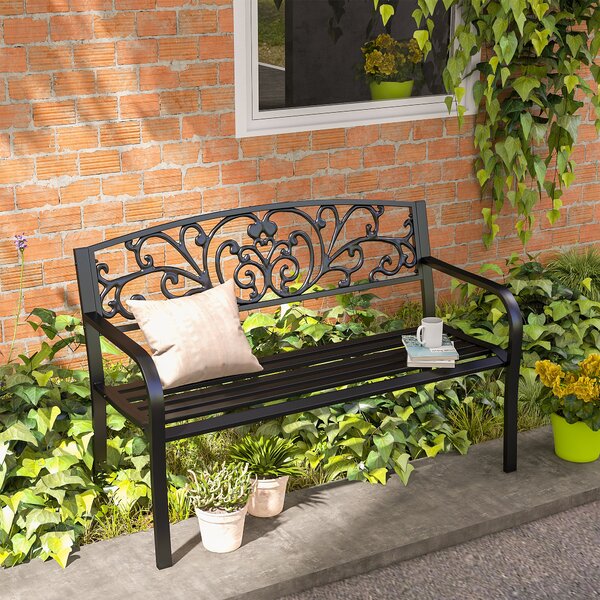 Outsunny Panchina da Giardino in Metallo con Schienale Decorato, 127x60x87cm - Nero|Aosom