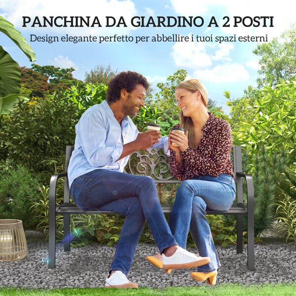 Outsunny Panchina da Giardino in Metallo con Schienale Decorato, 127x60x87cm - Nero|Aosom