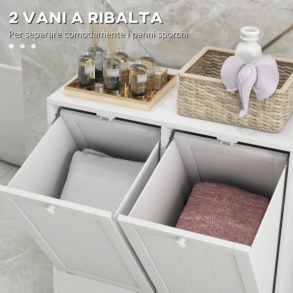 Kleankin Mobile Portabiancheria con 2 Scomparti a Ribalta in Legno, 60x33x68cm, Bianco