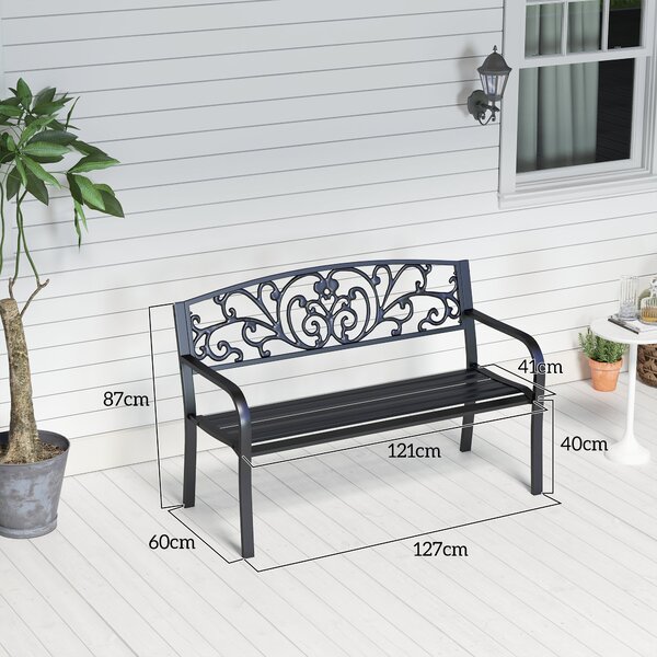 Outsunny Panchina da Giardino in Metallo con Schienale Decorato, 127x60x87cm - Nero|Aosom