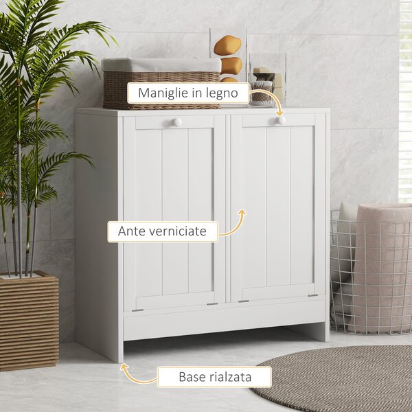 Kleankin Mobile Portabiancheria con 2 Scomparti a Ribalta in Legno, 60x33x68cm, Bianco