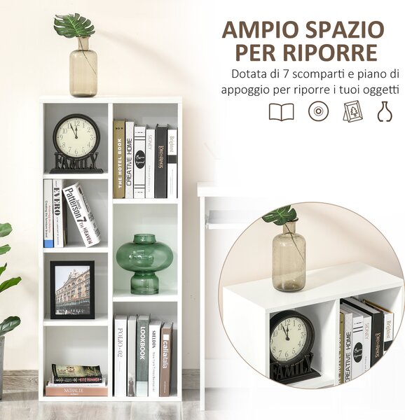 HOMCOM Libreria Moderna a Cubi con 7 Ripiani, in Legno Truciolato, 50x24x106 cm, Bianca|Aosom