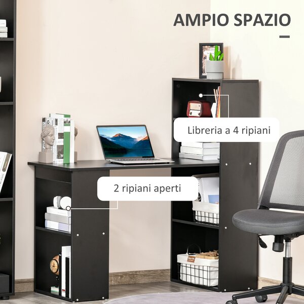 HOMCOM Scrivania PC in Legno con 6 Ripiani Portaoggetti Laterali, 120x55x120 cm, Nero|Aosom